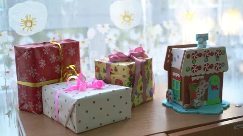 Background of Christmas decorations, gift boxes. Stock Footage 229502654