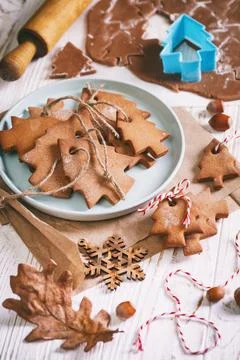 Background of christmas gingerbread in the shape of a tree Stock Photos