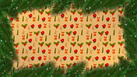 Background of Christmas symbols is framed by pine needles Stock Illustration