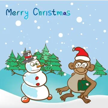 Background for a christmas theme with monkey and snowman 2016 Stock Illustration