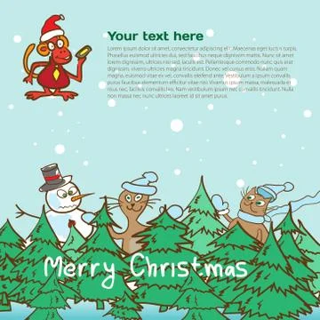 Background for a christmas theme with monkey and snowman 2016 Stock Illustration