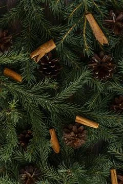 Background of Christmas tree branches, with small cones and cinnamon sticks Foto stock