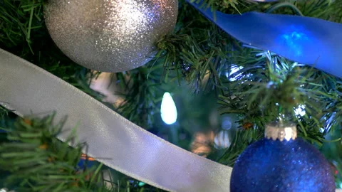 Background Christmas Tree Close Up, Holiday Decoration Shiny Garland and Bauble Video stock 144649503