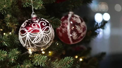 Background from a Christmas tree decorated in red and gold color close-up. Stock Footage 296163940