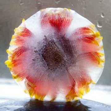 Background of chrysanthemum   flower    in ice   cube with air bubbles. Stock Photos