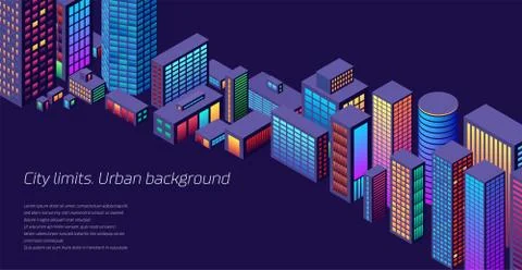 Background with city view with isometric perspective and vibrant neon colors Stock Illustration