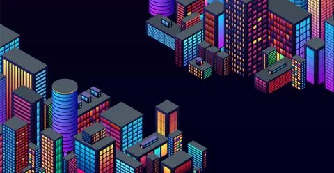 Background with city view with isometric perspective and vibrant neon colors Stock Illustration