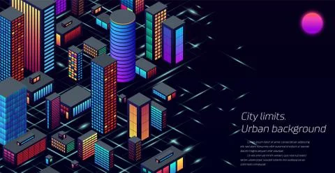 Background with city view with isometric perspective and vibrant neon colors Stock Illustration