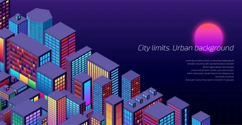 Background with city view with the sun and isometric perspective with vibrant Stock Illustration