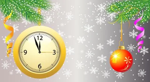 Background with a clock, festive ball and green branches Stock Illustration