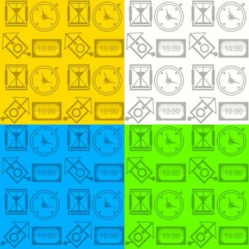 Background for clocks Pattern with different kinds of clock on four color ... Stock Photos