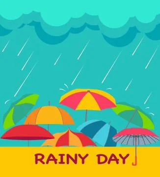 Background with clouds, raindrops and umbrellas, Illustrazione stock