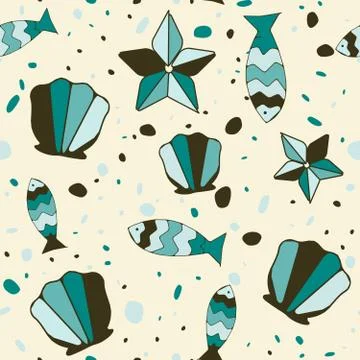 Background with cockleshells, fish and starfish Stock Illustration