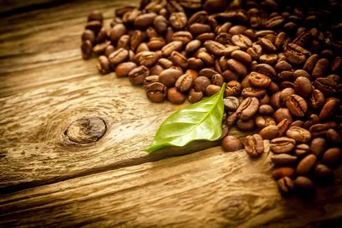 Background of coffee beans on rustic driftwood Stock Photos