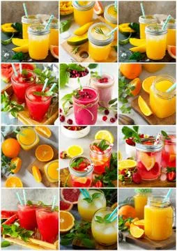 Background collage drinks. An assortment of juice drinks and smoothies. Stock Photos