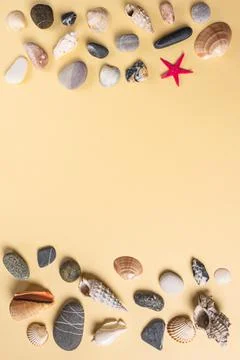 Background with a collection of seashells, stones and starfish Stock Photos