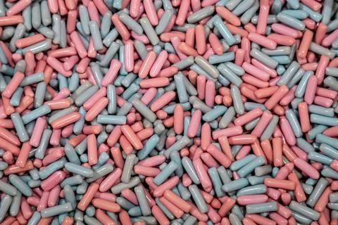 Background of colored chewy sweets, close up, top view. Stock Photos