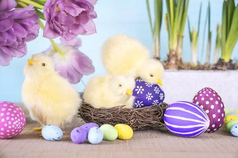 Background with colored Easter eggs. Stock Photos