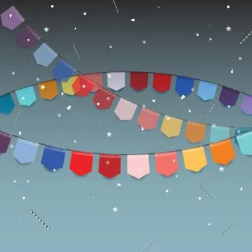 Background of colored flags with star, stick and confetti Illustrazione stock