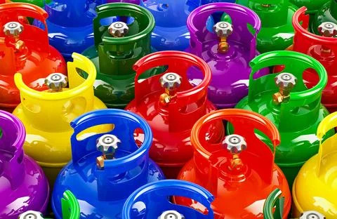 Background from colored gas cylinders with compressed gas, top view. 3D ren.. Stock Illustration