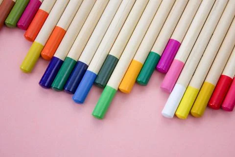 Background with colored pencils. Copy space. Stock Photos