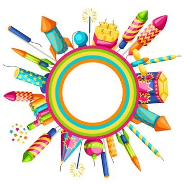 Background with colorful fireworks. Different types of pyrotechnics, salutes and Illustrazione stock