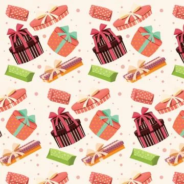 Background with colorful gift boxes with bows and ribbons in different shapes Stock Illustration