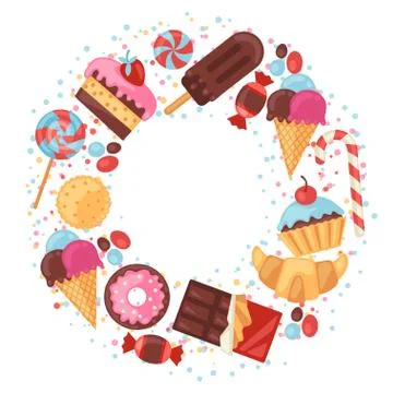 Background with colorful various candy, sweets and cakes Stock Illustration