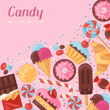 Background with colorful various candy, sweets and cakes Stock Illustration