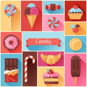 Background with colorful various candy, sweets and cakes Stock Illustration