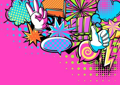 Background with comic speech bubbles signs and symbols. Cartoon pop art creative Stock Illustration