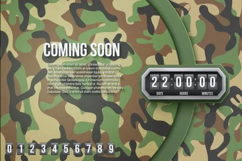Background Coming Soon and countdown timer. Camo Vector Stock Illustration