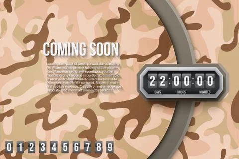 Background Coming Soon and countdown timer. Camo Vector Stock Illustration