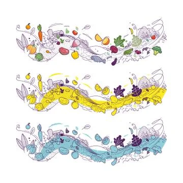 Background composition vector set of fruits, food and vegetables イラスト素材