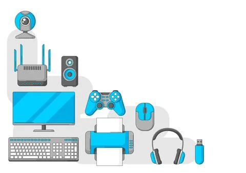 Background with computer equipment. Gaming technology and work devices. Stock Illustration