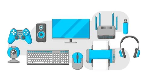 Background with computer equipment. Gaming technology and work devices. Stock Illustration