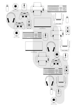 Background with computer equipment. Gaming technology and work devices. Stock Illustration