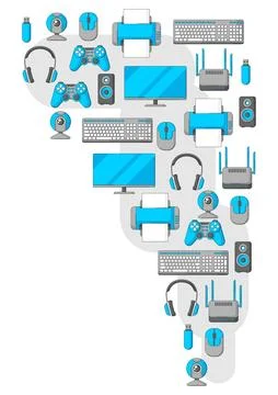 Background with computer equipment. Gaming technology and work devices. Stock Illustration