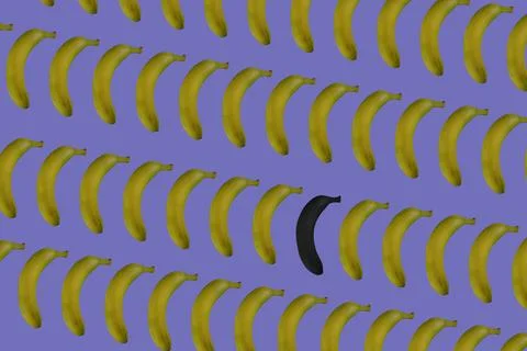 Background. Conceptual Background. Spoiled Banana Among Ripe Colorful Whole.. Illustrazione stock