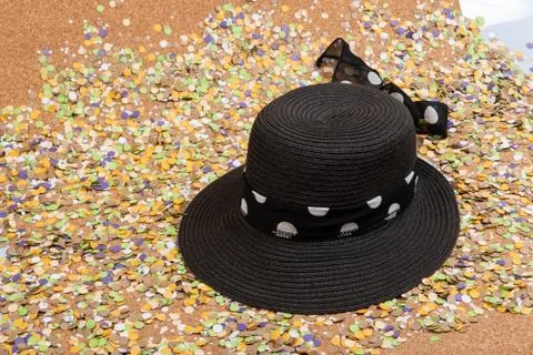 Background of confetti with elements related to the carnival and summer Stock Photos