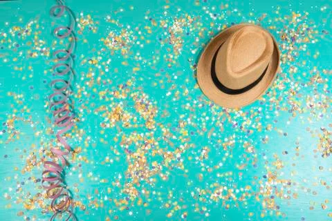 Background of confetti with elements related to the carnival and summer Stock Photos