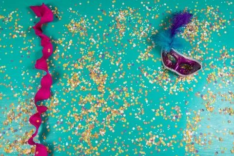 Background of confetti with elements related to the carnival and summer Stock Photos