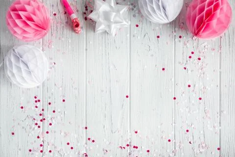 Background for congratulatory e-mail, pink banner on white wooden background. Stock Photos