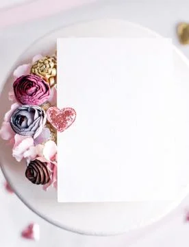 Background with copy space blank on white table with glitter heart, eucalyptu Stock Photos