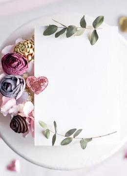 Background with copy space blank on white table with glitter heart, eucalyptu Stock Photos