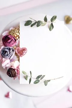 Background with copy space blank on white table with glitter heart, eucalyptu Stock Photos