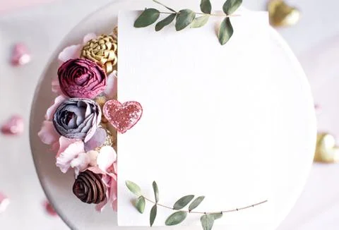 Background with copy space blank on white table with glitter heart, eucalyptu Stock Photos