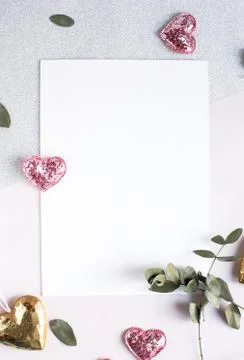Background with copy space blank on white table with glitter heart, eucalyptu Stock Photos