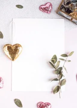 Background with copy space blank on white table with glitter heart, eucalyptu Stock Photos