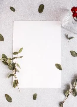 Background with copy space blank on white table with glitter heart, eucalyptu Stock Photos